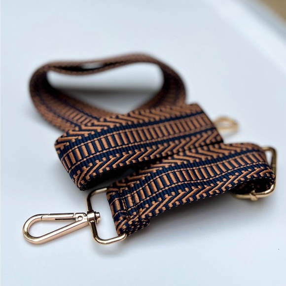 Copper & Navy Retro Aztec Stripe Adjustable Crossbody Purse Strap, Gold Hardware - Picture 2 of 8